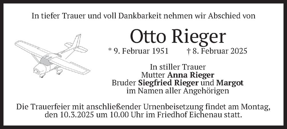  Traueranzeige für Otto Rieger vom 01.03.2025 aus merkurtz
