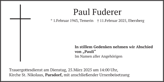 Traueranzeige von Paul Fuderer von merkurtz