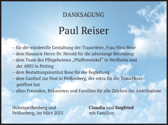 Traueranzeige von Paul Reiser von merkurtz