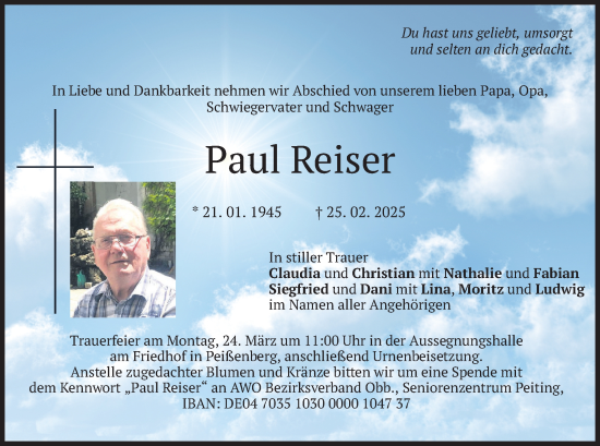 Traueranzeige von Paul Reiser von merkurtz