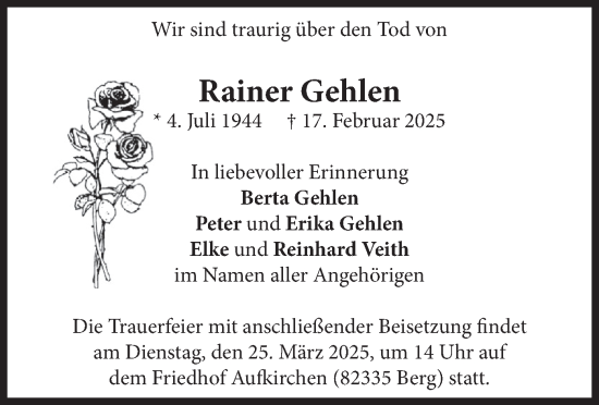 Traueranzeige von Rainer Gehlen von merkurtz