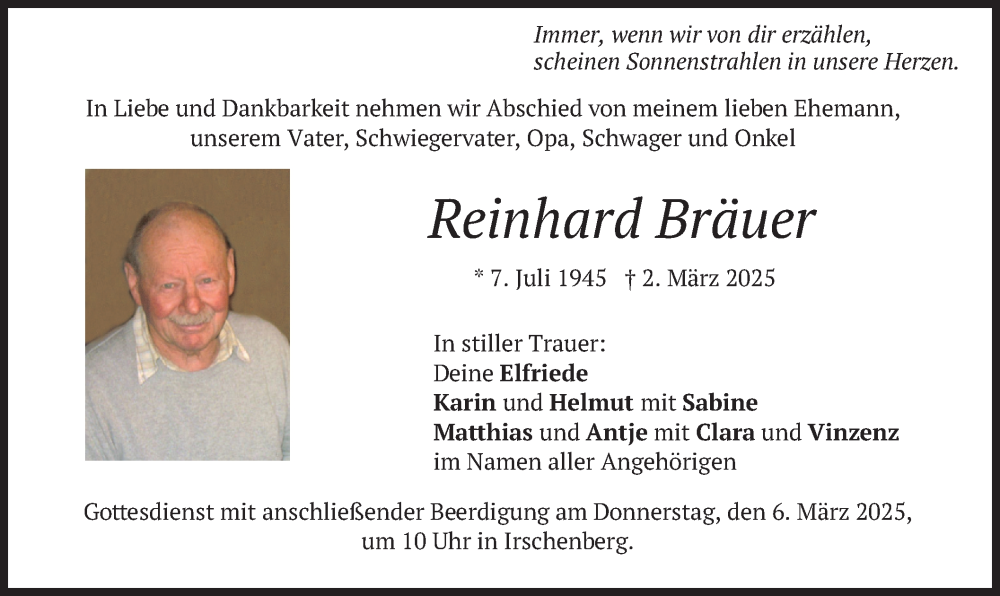  Traueranzeige für Reinhard Bräuer vom 05.03.2025 aus merkurtz