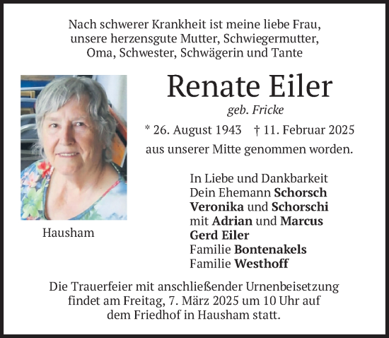 Traueranzeige von Renate Eiler von merkurtz