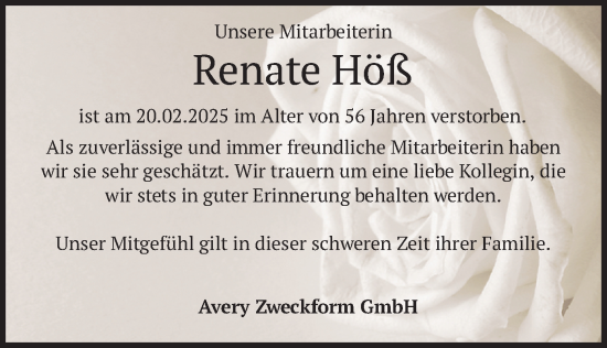 Traueranzeige von Renate Höß von merkurtz