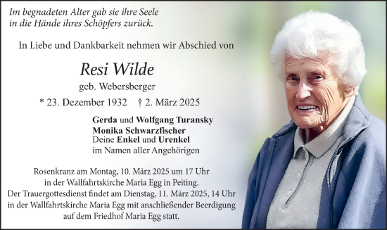 Traueranzeige von Resi Wilde von merkurtz