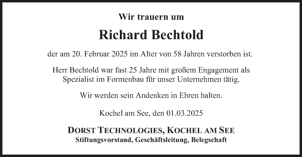  Traueranzeige für Richard Bechtold vom 01.03.2025 aus merkurtz