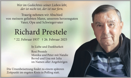 Traueranzeige von Richard Prestele von merkurtz