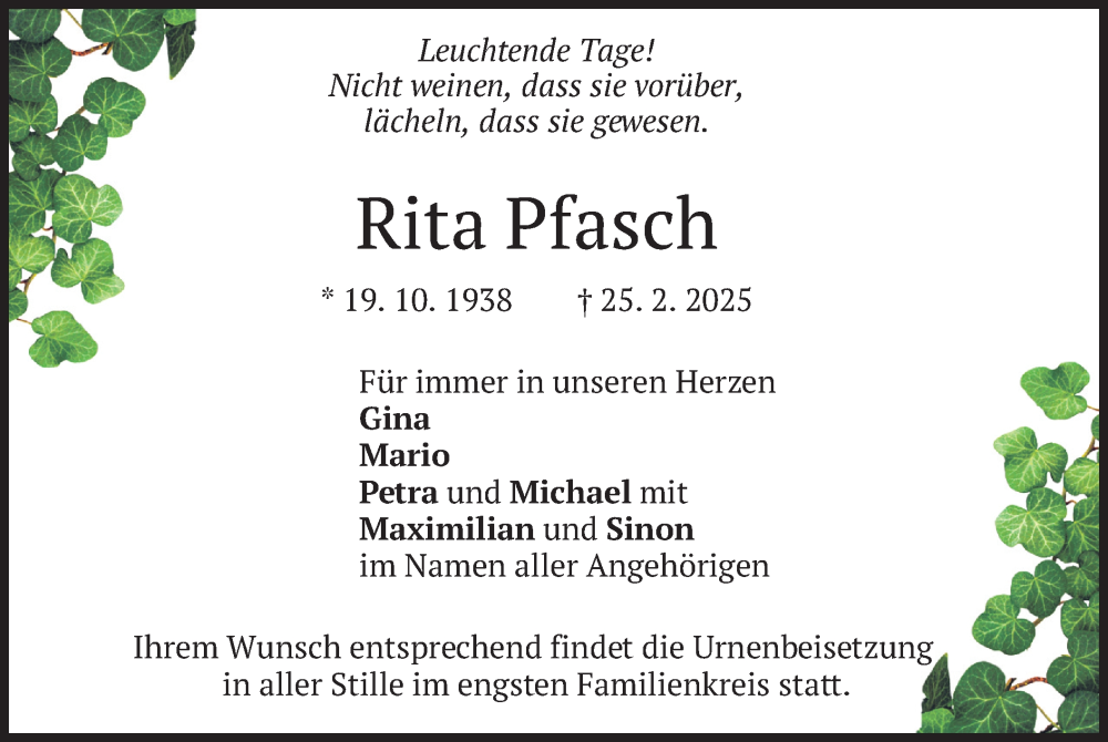  Traueranzeige für Rita Pfasch vom 15.03.2025 aus merkurtz