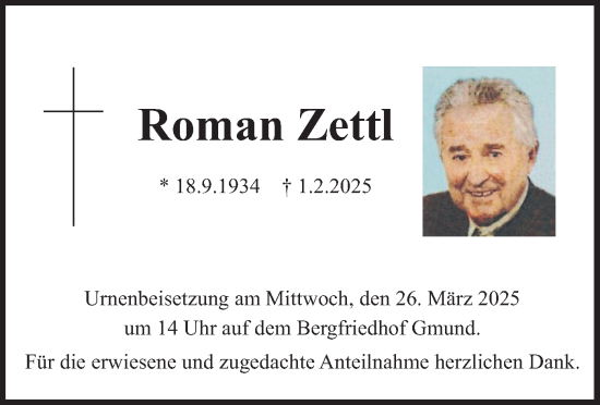 Traueranzeige von Roman Zettl von merkurtz