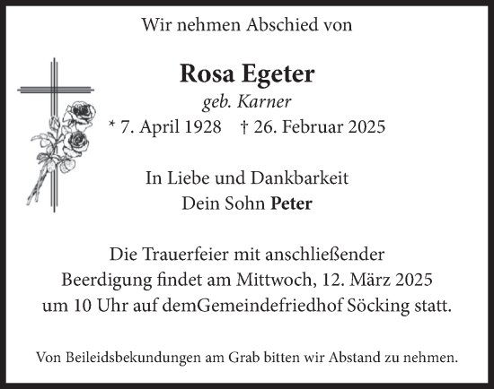 Traueranzeige von Rosa Egeter von merkurtz