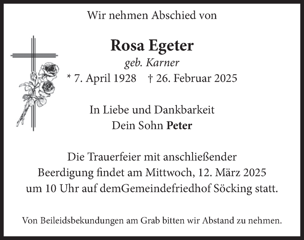  Traueranzeige für Rosa Egeter vom 08.03.2025 aus merkurtz