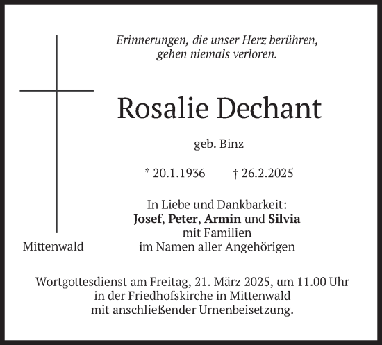 Traueranzeige von Rosalie Dechant von merkurtz