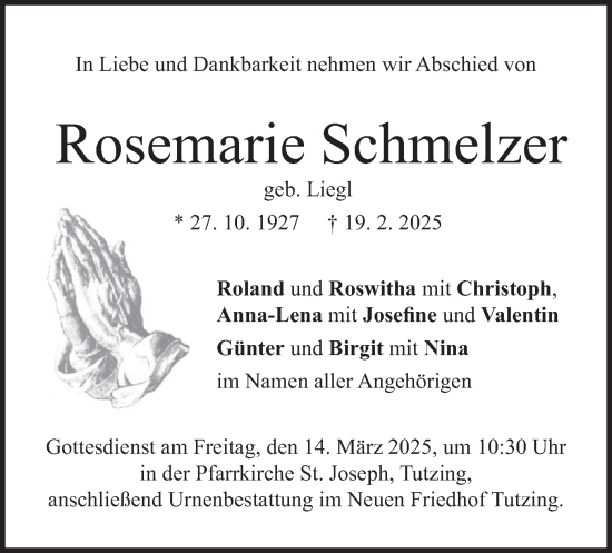 Traueranzeige von Rosemarie Schmelzer von merkurtz