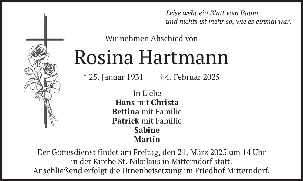  Traueranzeige für Rosina Hartmann vom 08.03.2025 aus merkurtz