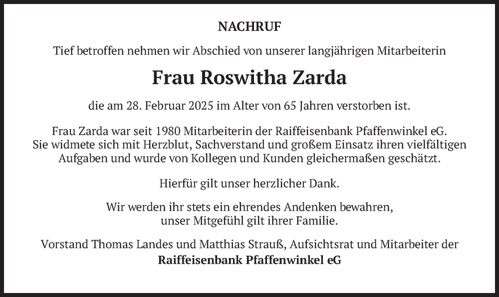 Traueranzeige für Roswitha Zarda vom 06.03.2025 aus merkurtz