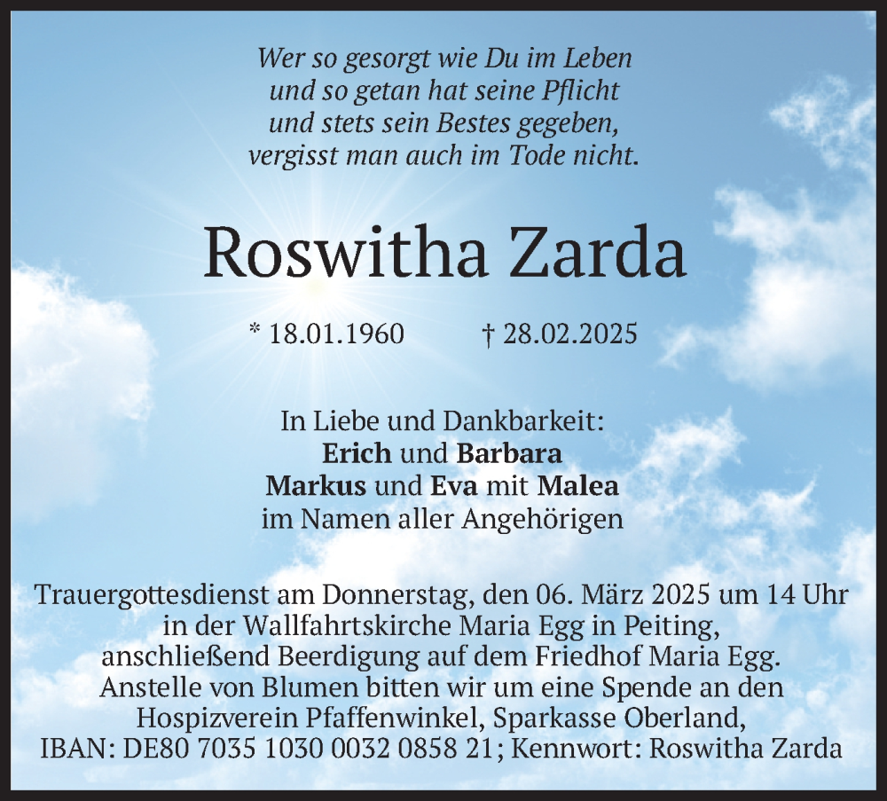  Traueranzeige für Roswitha Zarda vom 04.03.2025 aus merkurtz