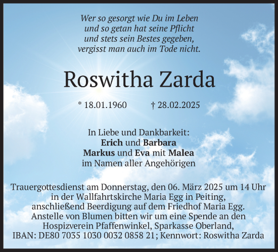 Traueranzeige von Roswitha Zarda von merkurtz