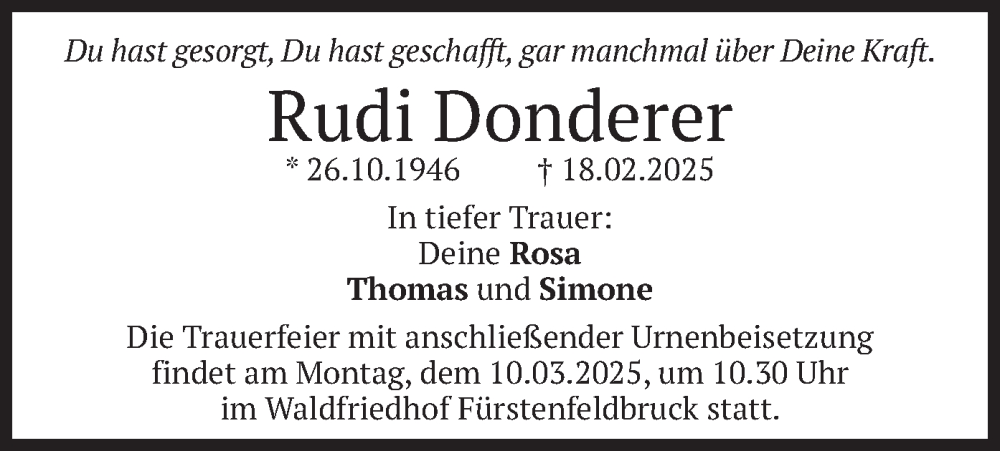  Traueranzeige für Rudi Donderer vom 08.03.2025 aus merkurtz