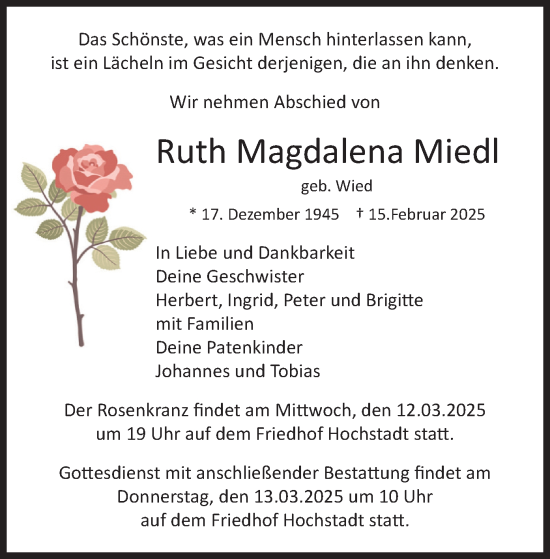 Traueranzeige von Ruth Magdalena Miedl von merkurtz