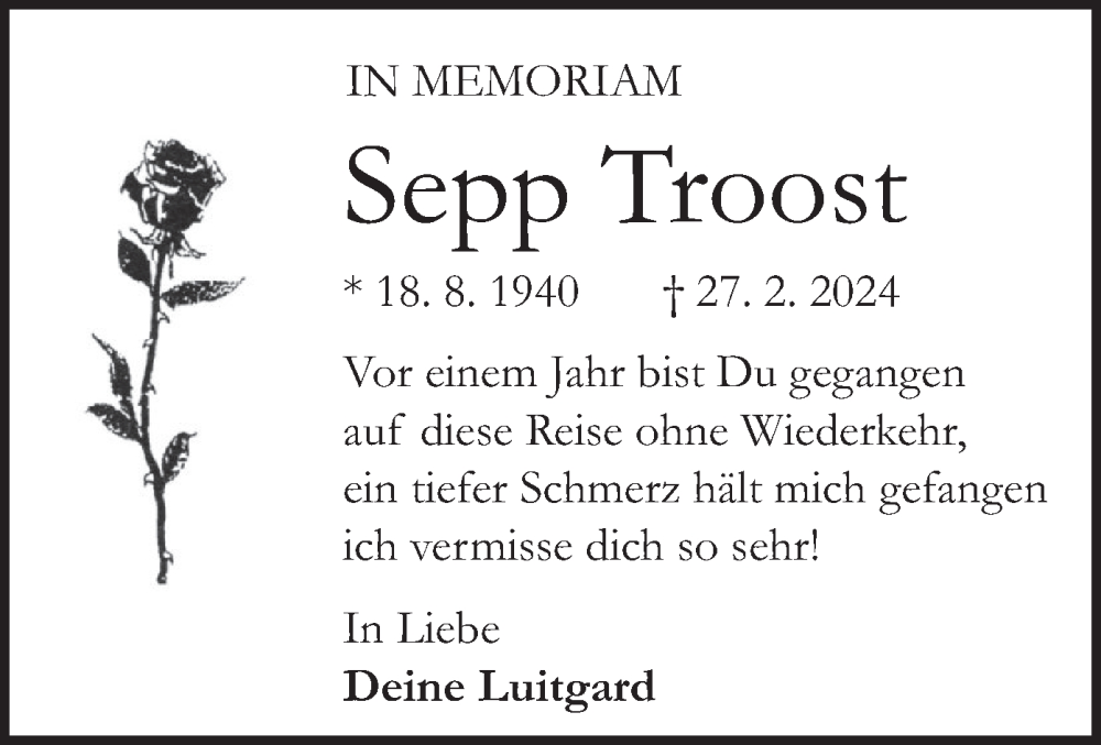  Traueranzeige für Sepp Troost vom 01.03.2025 aus merkurtz