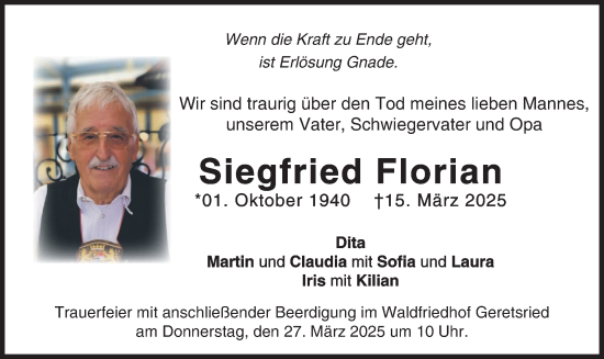 Traueranzeige von Siegfried Florian von merkurtz