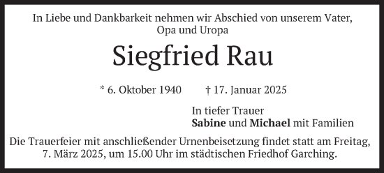 Traueranzeige von Siegfried Rau von merkurtz