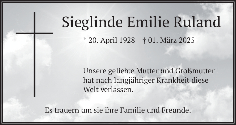  Traueranzeige für Sieglinde Emilie Ruland vom 05.03.2025 aus merkurtz