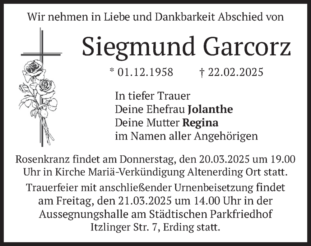  Traueranzeige für Siegmund Garcorz vom 15.03.2025 aus merkurtz