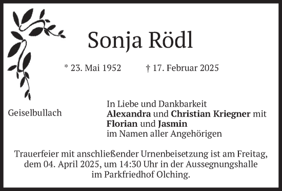 Traueranzeige von Sonja Rödl von merkurtz