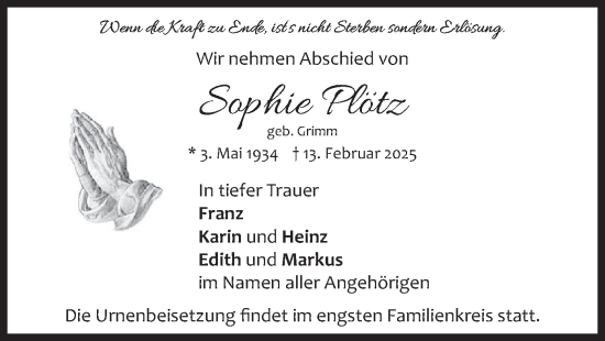 Traueranzeige von Sophie Plötz von merkurtz