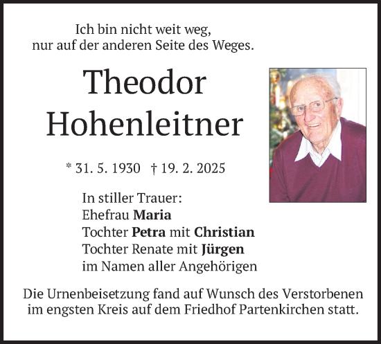 Traueranzeige von Theodor Hohenleitner von merkurtz
