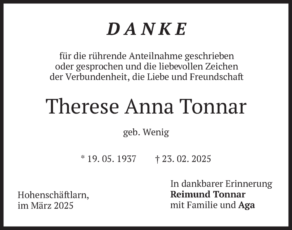  Traueranzeige für Therese Anna Tonnar vom 26.03.2025 aus merkurtz