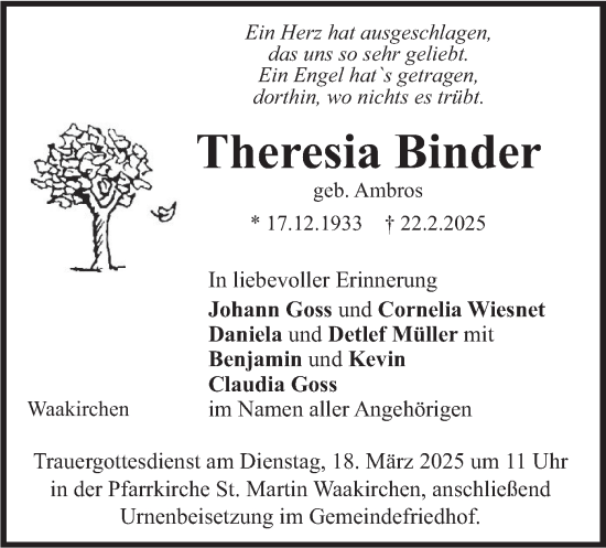 Traueranzeige von Theresia Binder von merkurtz