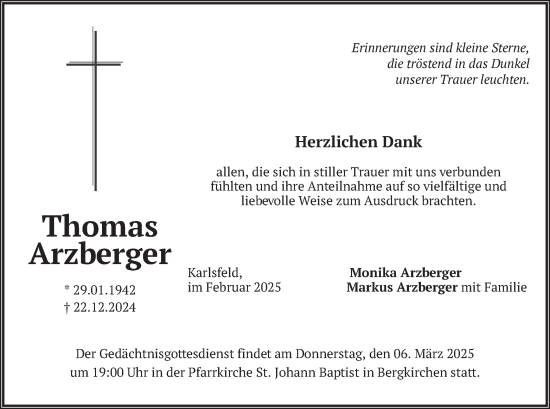 Traueranzeige von Thomas Arzberger von merkurtz
