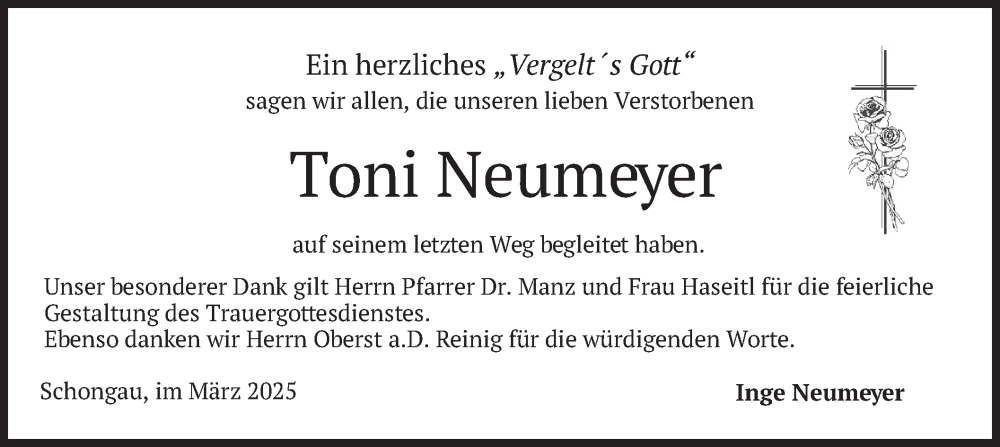  Traueranzeige für Toni Neumeyer vom 08.03.2025 aus merkurtz