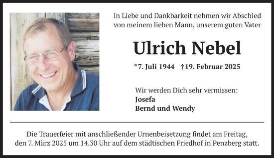 Traueranzeige von Ulrich Nebel von Das Gelbe Blatt Penzberg