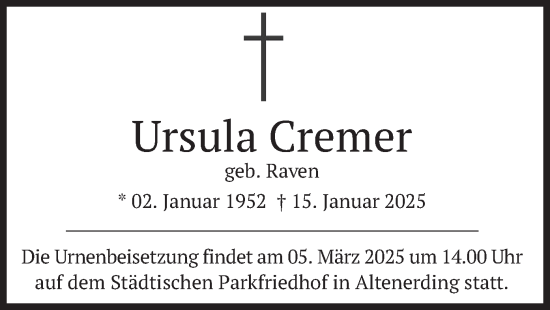 Traueranzeige von Ursula Cremer von merkurtz