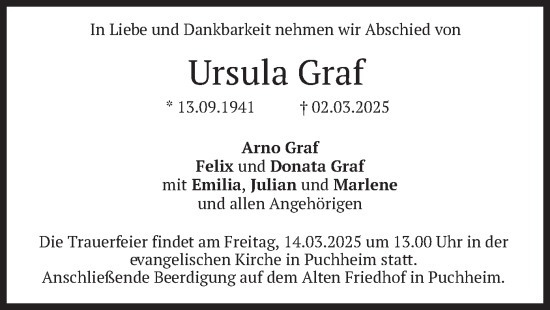 Traueranzeige von Ursula Graf von merkurtz