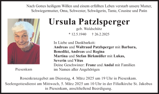 Traueranzeige von Ursula Patzlsperger von merkurtz