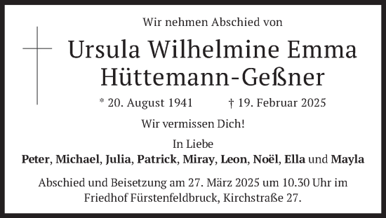 Traueranzeige von Ursula Wilhelmine Emma Hüttemann-Geßner von merkurtz