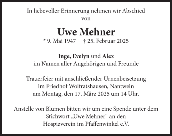 Traueranzeige von Uwe Mehner von merkurtz
