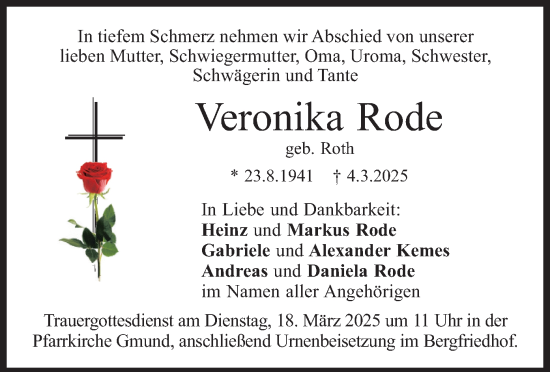 Traueranzeige von Veronika Rode von merkurtz