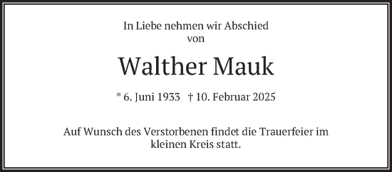 Traueranzeige von Walther Mauk von merkurtz