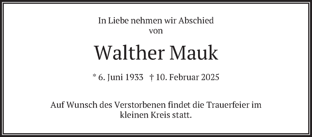  Traueranzeige für Walther Mauk vom 01.03.2025 aus merkurtz