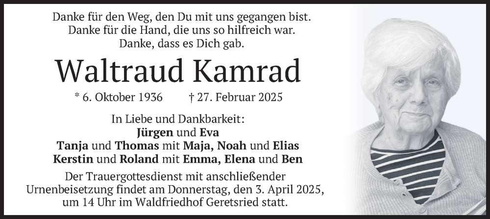  Traueranzeige für Waltraud Kamrad vom 29.03.2025 aus merkurtz