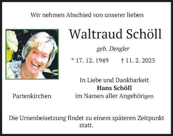 Traueranzeige von Waltraud Schöll von merkurtz