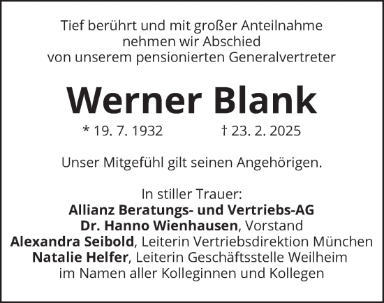 Traueranzeige von Werner Blank von merkurtz