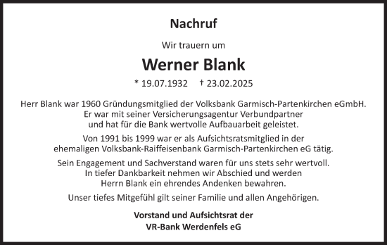 Traueranzeige von Werner Blank von merkurtz