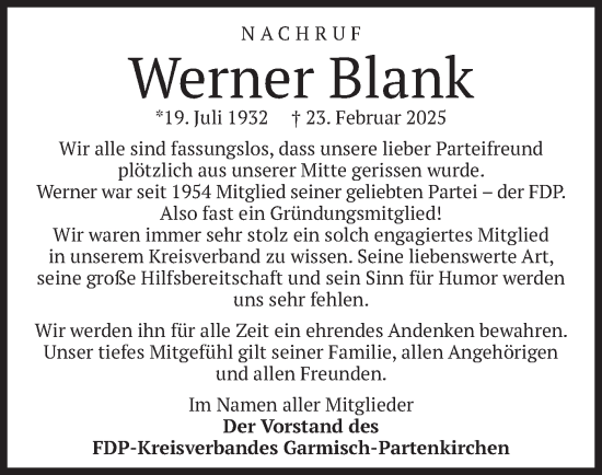 Traueranzeige von Werner Blank von merkurtz