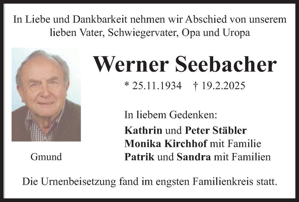  Traueranzeige für Werner Seebacher vom 08.03.2025 aus merkurtz